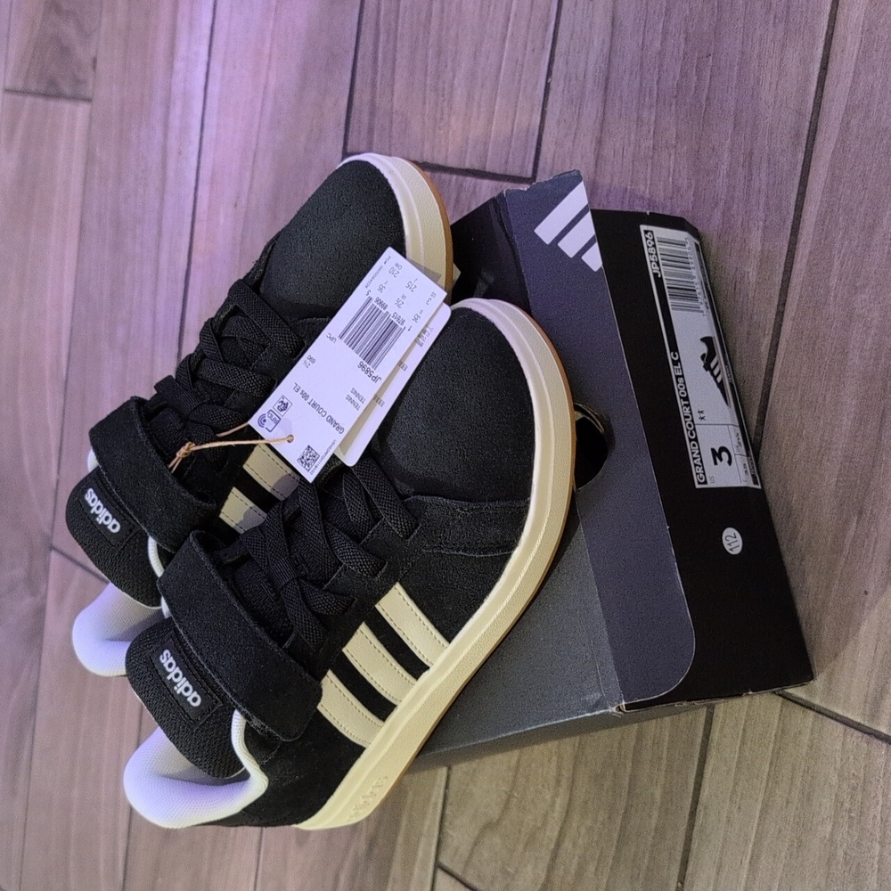 Adidas Kids Black Sneakers with Cream Stripes